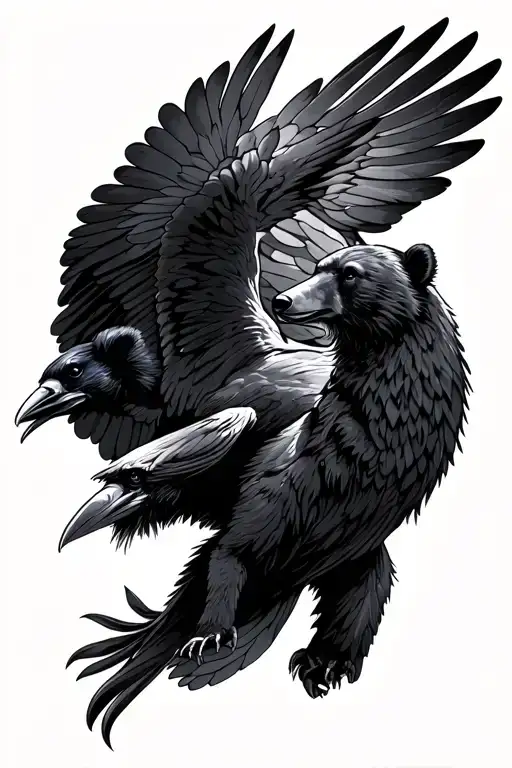 Bear And Raven In Flight