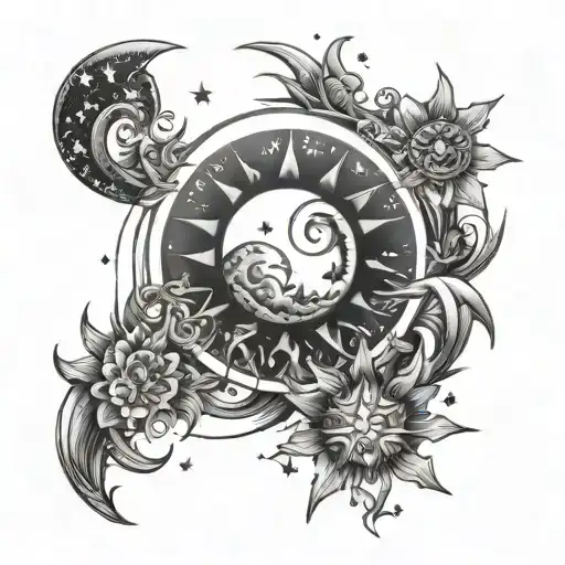 Sun Moon And Stars Diagonal Hip Tattoo Design