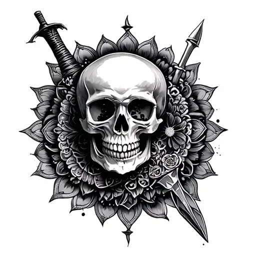 Skull Inside On Mandala And Dagger Through Space