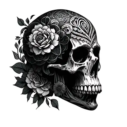 Old School Traditional Skull Inside Of Mandala Blackwork