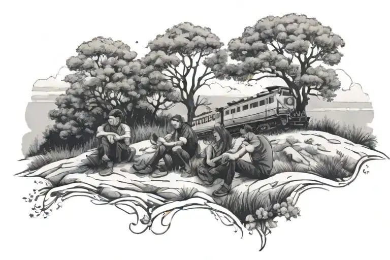 3 Friends Sitting On A Hill With Trees Looking At A Train