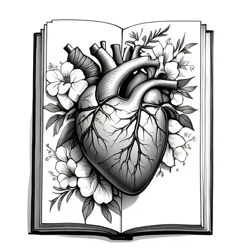 Anatomical Heart On A Book Surrounded By Bold Floral