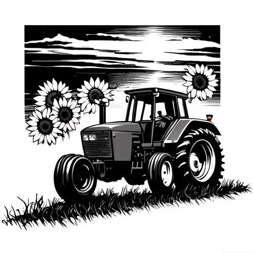 Vintage Tattoo With Tractor Riding I To Sunset With Sunflowers