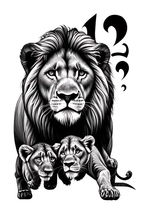 Lion Face And Two Cubs Walking