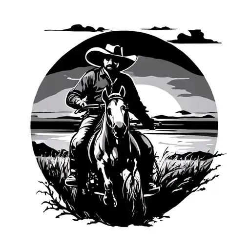 Cowboy Riding Into Sunset