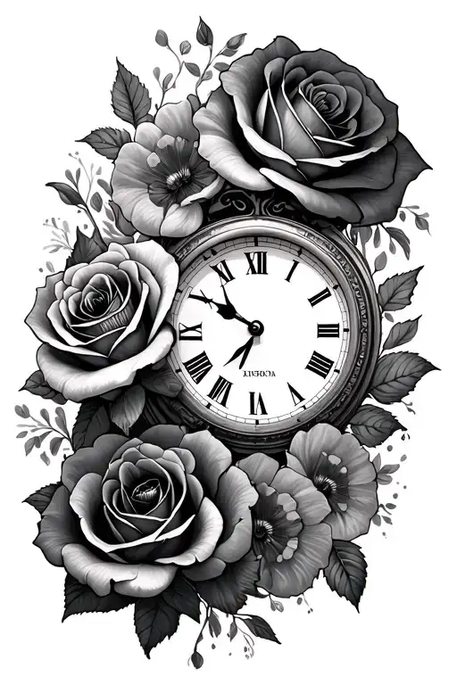 Roses And Poppys With A Clock And Under The Clock A Date