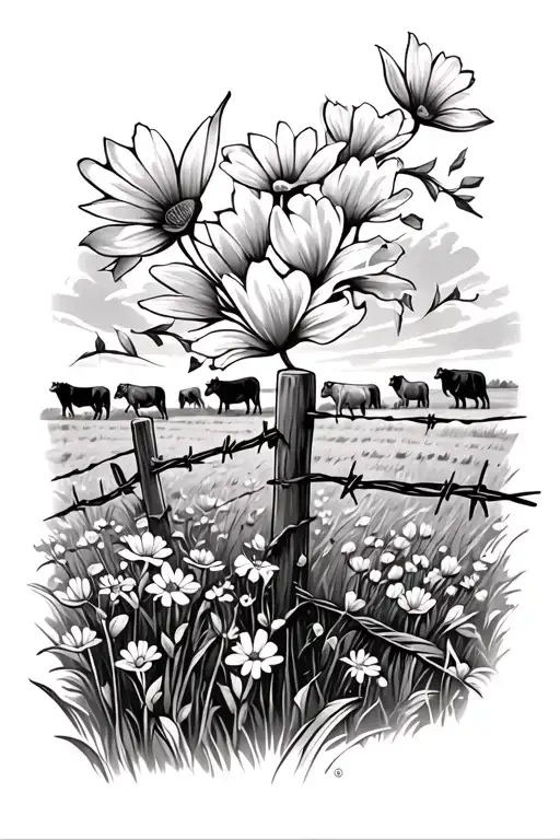 A Foreground Of A Barbed Wire Fence With Flowers And A Background Of A Pasture With Cows