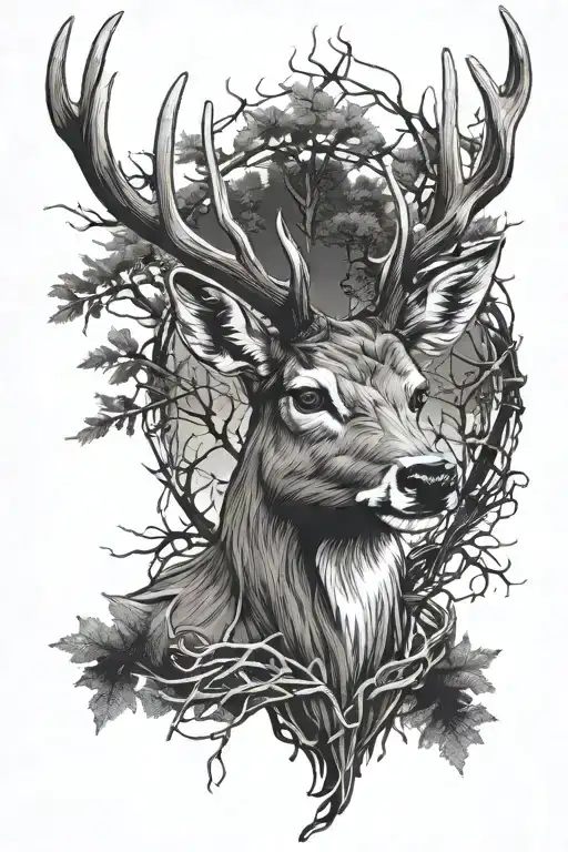 Deer Head With Trees And Barbed Wire Wrapped Loosely