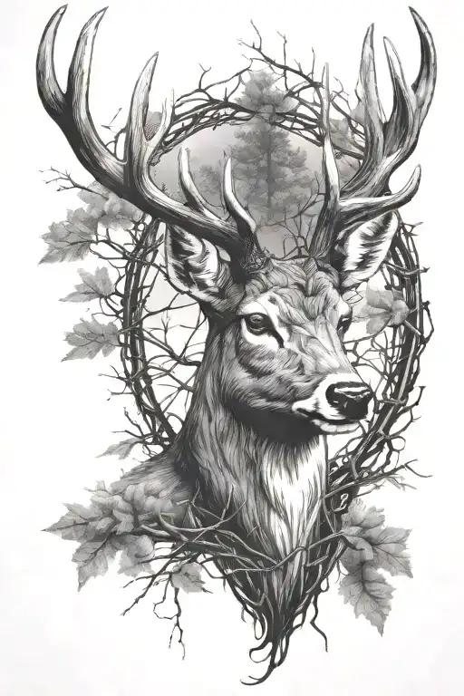 Deer Head With Trees And Barbed Wire Wrapped Loosely