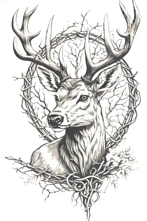 Deer Head With Trees And Barbed Wire Wrapped Loosely