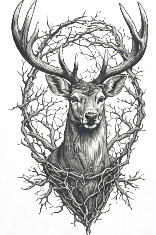 Deer Head Straight On With Heavy Trees And Barbed Wire Wrapped Loosely