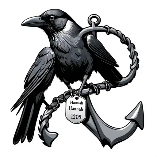 Crow Sitting On Fouled Anchor With Dog Tags That Read Hannah