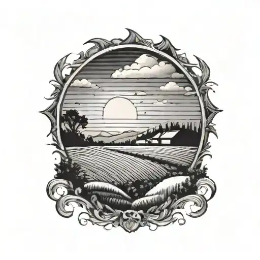 A Rising Sun Over A Peaceful Farmland Horizon Inside A Cirlce