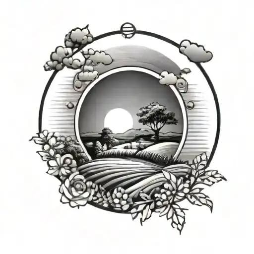 A Rising Sun Over A Peaceful Farmland Horizon Inside A Circle