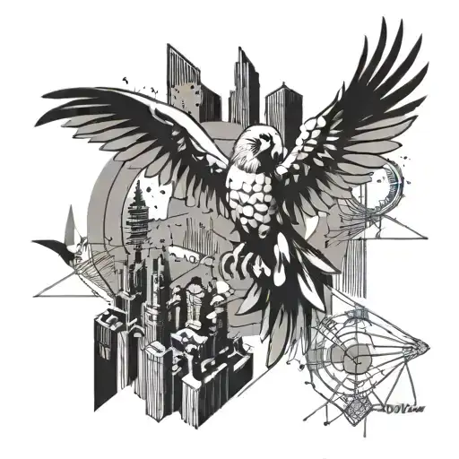 A Black-grey Tattoo Of A Parrot Flying Over A Cityscape Made Of Forex Charts And Money Symbols