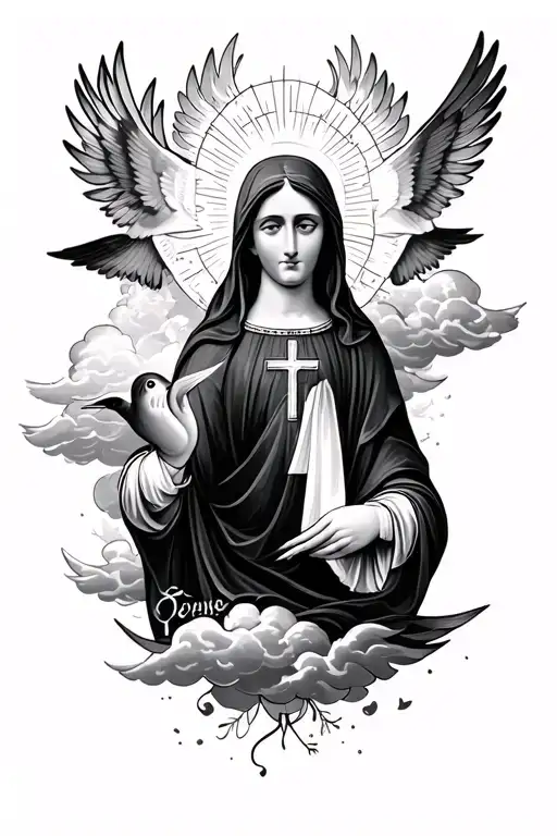 Mother Mary Clouds Doves Cross