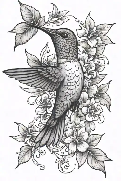 Hummingbird With Flowers And Leaves