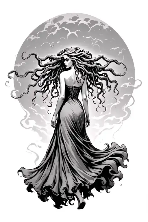 Medusa Back Walking Into The Distance And Her Looking To The Side While In A Flowing Dress