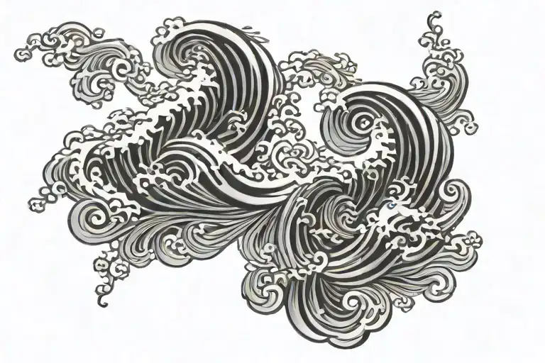 Japanese Wave Spiral Farbic Tattoo Background Black Full Screen