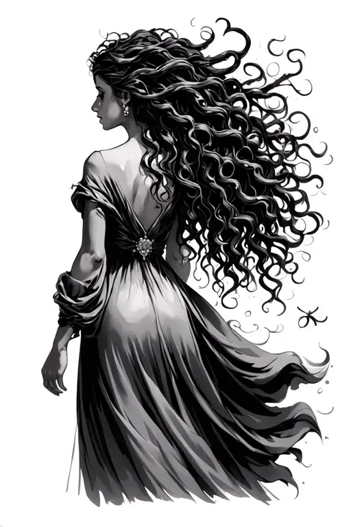 Medusa Back Walking Into The Distance And Her Looking To The Side While In A Flowing Dress