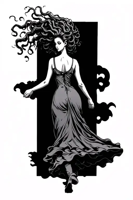 Medusa Back Walking Into The Distance And Her Looking To The Side While In A Flowing Dress