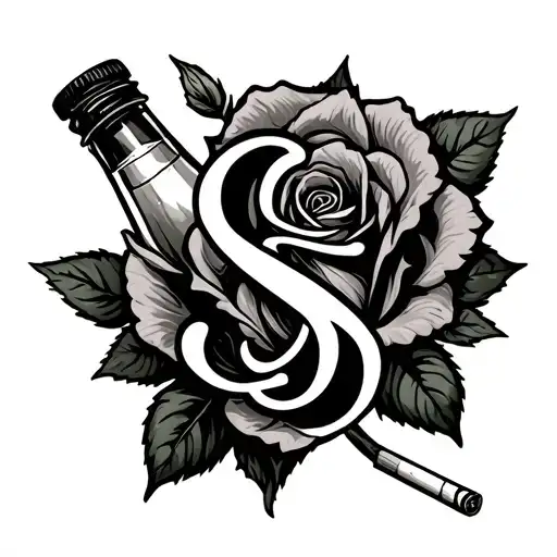 Liquor Bottle Cigarette Rose Intertwined With Initial S