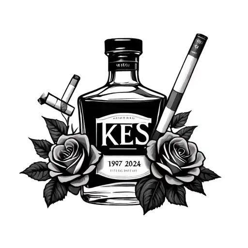 Whiskey Bottle And Cigarettes With Roses And The Initials Kes In The Bottle And Date 1967-2024