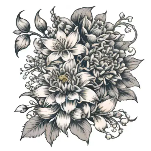 Chrysanthemum Flower Intertwined With Lily Of The Valley And Narcissus Flowers