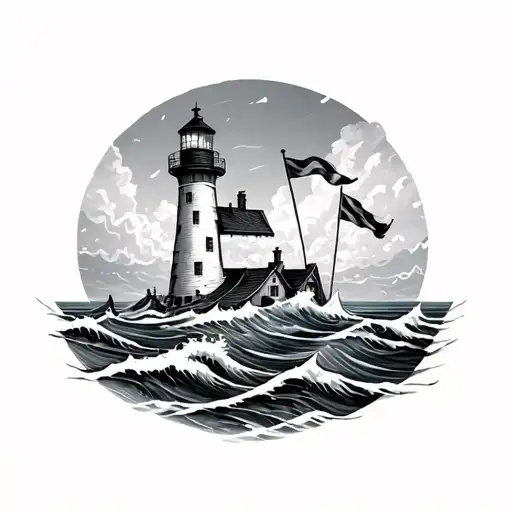 Ocean Waves With A Light House And Flags Waving