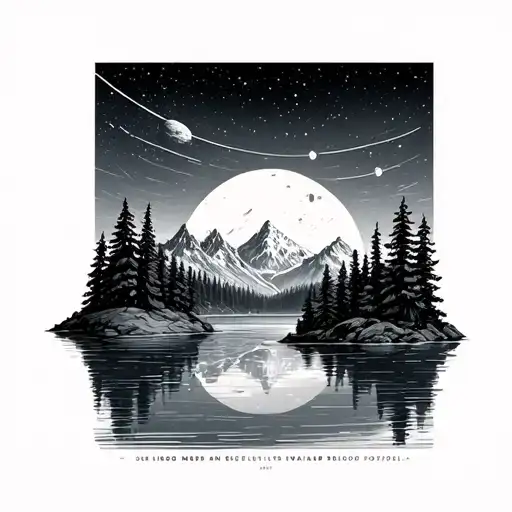 Space Scene Above Mountains And Trees Reflecting On Alpine Lake Water