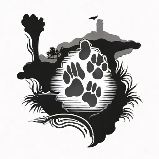 Dog Paw Outline With Island Scene Inside