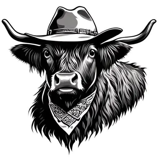 Simple Highland Cow Wearing Cowboy Hat And Bandana On Neck