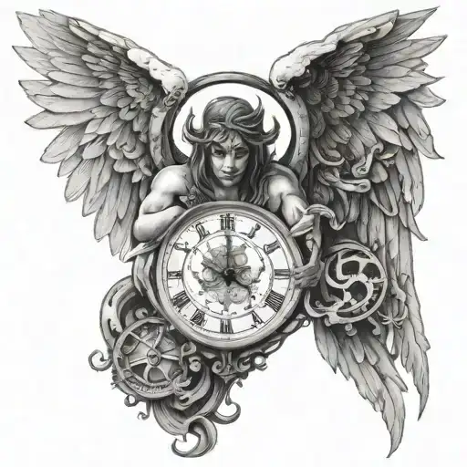 Angel And Demon With Wings And Clock Surrounded