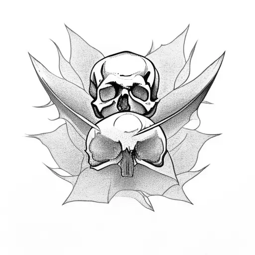 A Skull With A Lotus Growing From It And A Separate Bat Taking Flight From It