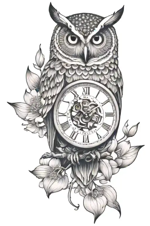 Owl With Time And Lotus Flowers