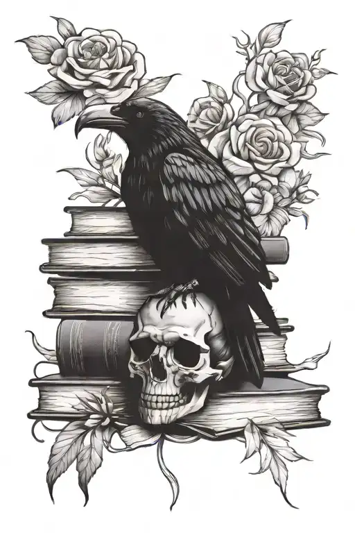 Raven Skull On A Stack Of Books With Flowers And Cobwebs