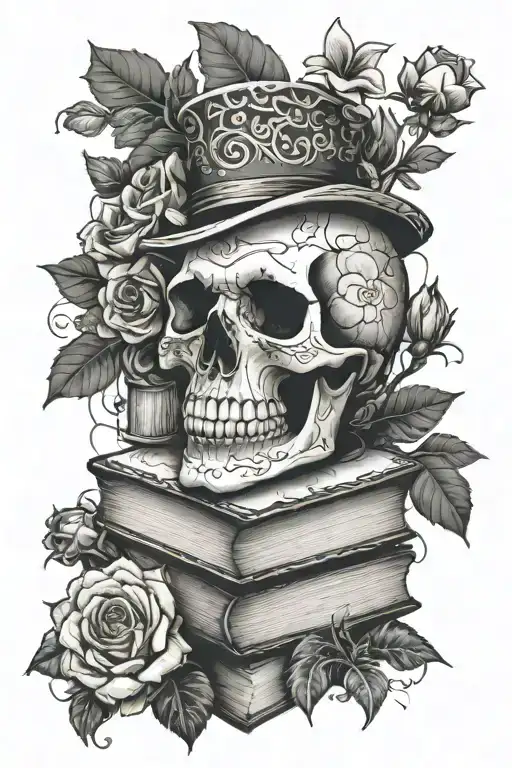 Skull On A Stack Of Books Surrounded By Flowers And Spider Webs