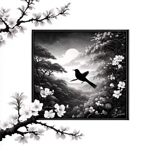 Cherry Blossom Branch With Birds With The Hanging Gardens Of Babylon In The Background