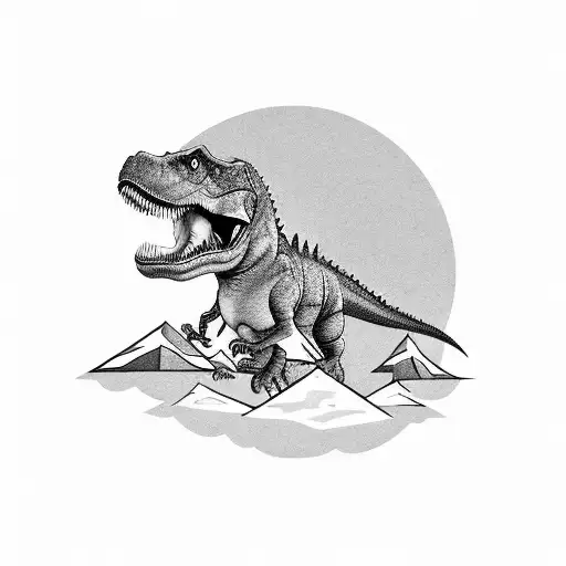 A Black-grey Tattoo Of A T-rex Playing A Guitar On Top Of A Mountain