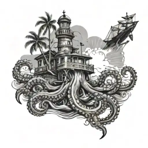 Octopus Destroys Submarine Against Background Of Island With Lighthouse And Palm Trees