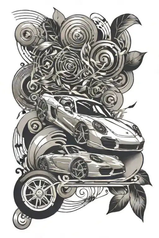 A Sleek Porsche Car Surrounded By Musical Notes And Walking Paths