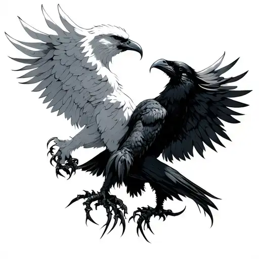 White Griffin Fighting A Black Raven With Claws Interlaced