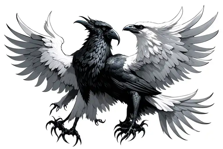 White Griffin Fighting A Black Raven With Claws Interlaced