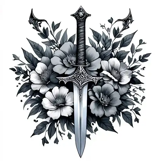Sword And Flowers Surrounding