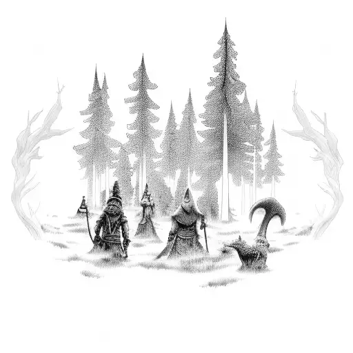 A Group Of Adventurers Exploring A Mystical Forest