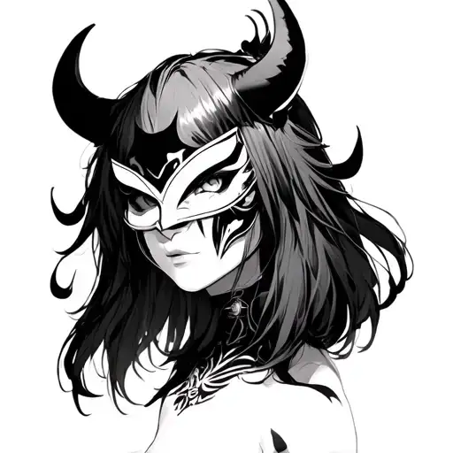 Female Anime Character With Oni Mask Mask