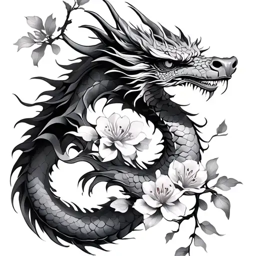 Shoulder Tattoo With Dragon And Cherry Blossoms
