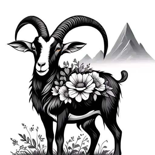 Goat Outline With Flowers And Mountain