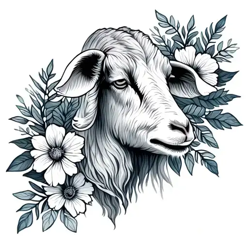 Simple Goat Outline With Flowers And Mountain