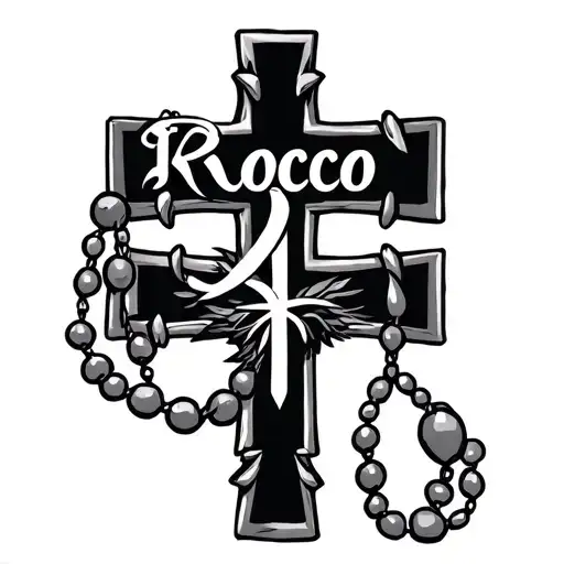 A Greek Orthodox Cross Tattoo With A Rosary Around It And The Name Rocco In Cursive